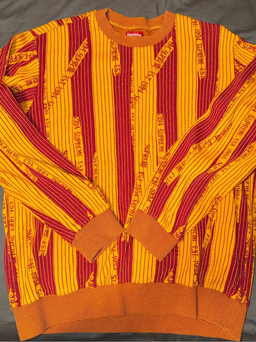 Supreme Yellow and Red Striped Crewneck Sweater